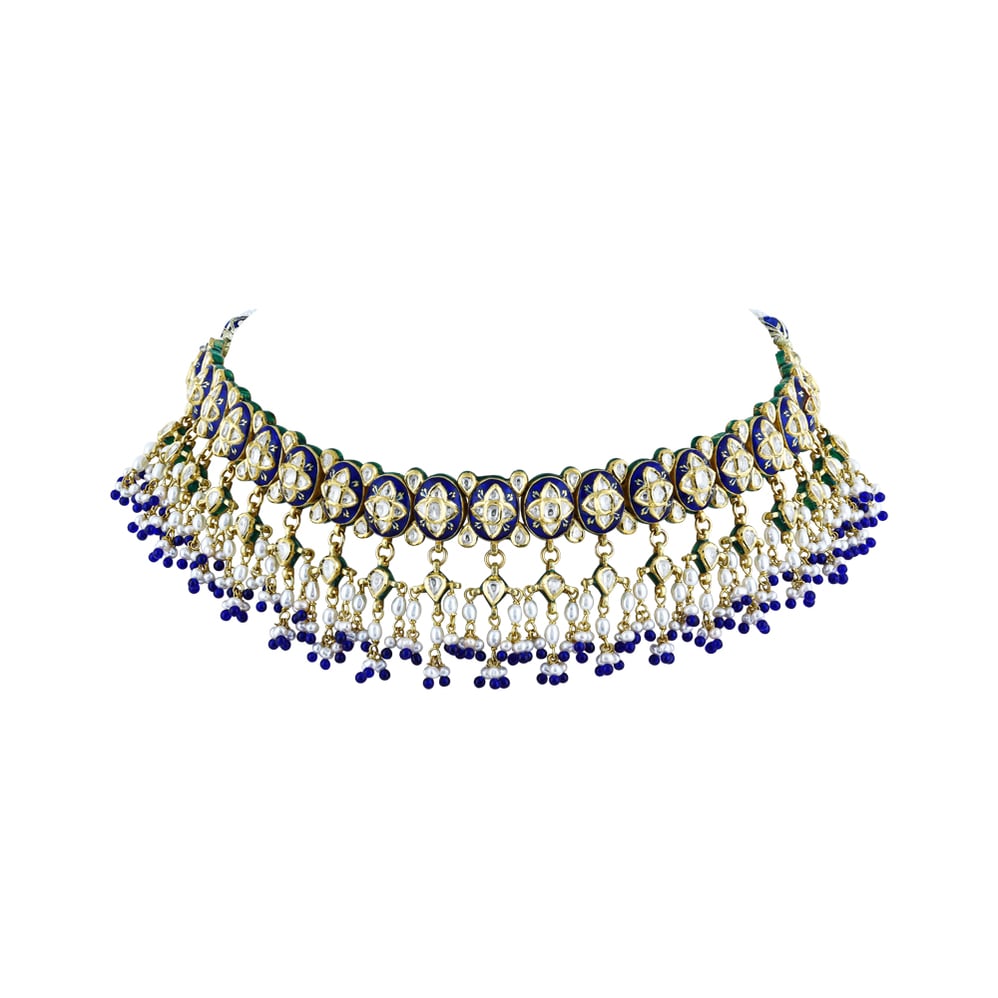 Polki Choker with Enamel, Pearl Bunches, and Blue Bead Accents
